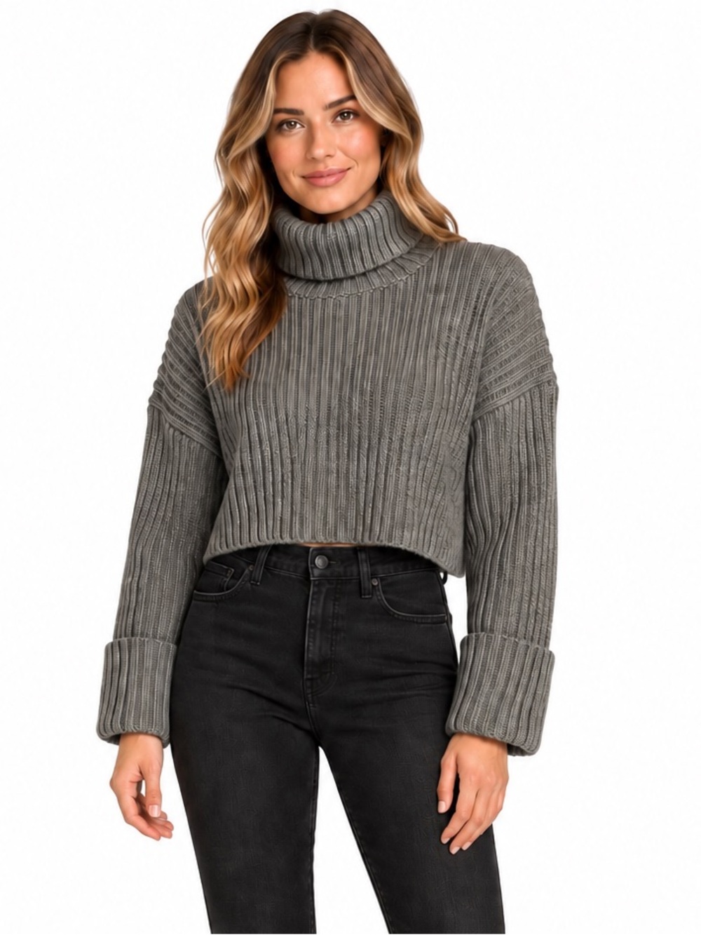 Zara Gray Ribbed Knit Cropped Turtleneck Sweater Oversized Cuff Size Medium